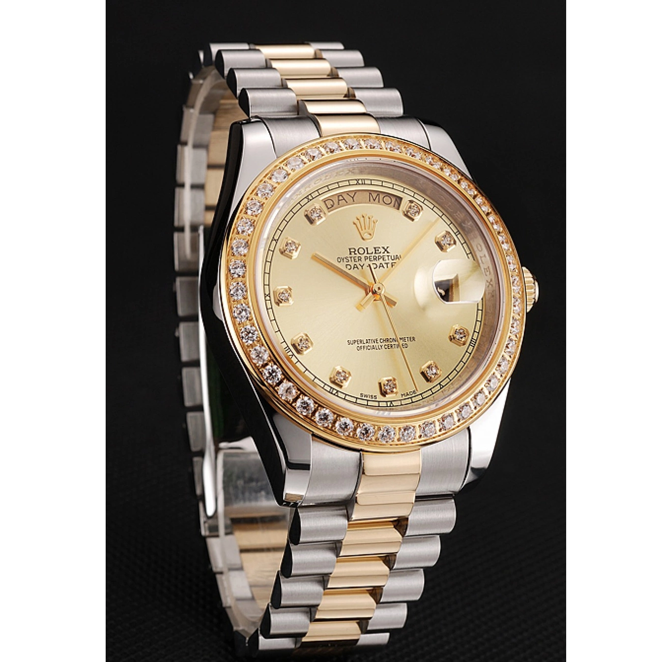 Aaa fake watches Day-Date Swiss Diamond Dial 1453974 Two Gold Tone Bracelet Rolex Stainless Steel Champagne Case 0614